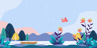 蓝色简约卡通扁平小船花鸟树木渐变河流雨水展板背景春天花鸟背景